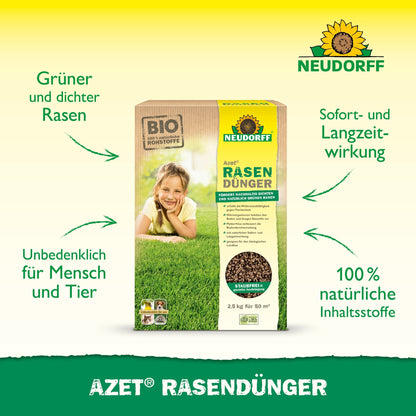 Azet RasenDünger 2,5-5 kg do Neudorff Shop está ilustrado; textos em verde destacam "100% ingredientes naturais" e "Efeito imediato e de longa duração" para uma área de relva densa em fundo amarelo-verde.