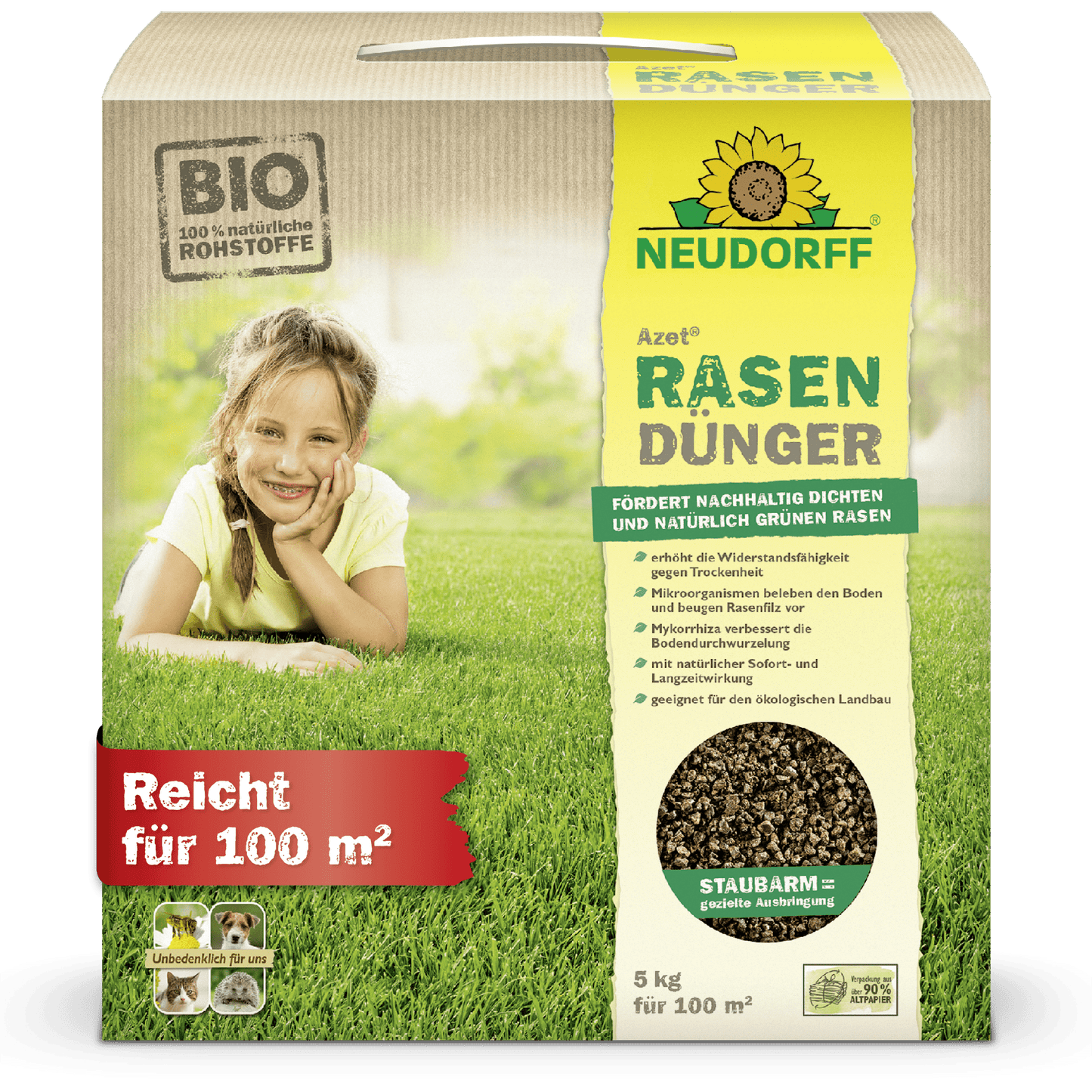Azet RasenDünger (2,5-5 kg) do Neudorff Shop: Fertilizante orgânico para gramado com rótulo vermelho "Cobre 100 m²", ideal para um gramado denso e nutrição equilibrada. Na embalagem: criança na grama.