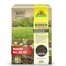 O melhorador de solo Terra Preta de 2 kg da Neudorff Shop cobre 20 m² e é ideal para melhorar solos de relvados, pomares e hortas. A embalagem alemã mostra mudas, terra, certificação BIO e um símbolo de baixa poeira.