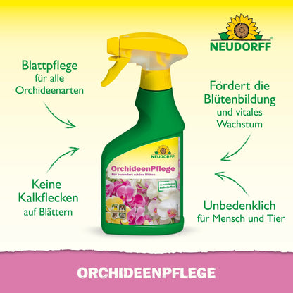 É ilustrado um frasco de spray verde-amarelo com a inscrição "OrchideenPflege" da Neudorff Shop. Setas alemãs destacam suas vantagens: cuidado ideal para orquídeas, sem manchas de calcário, apoia a floração e é seguro para todas as folhas de orquídeas.