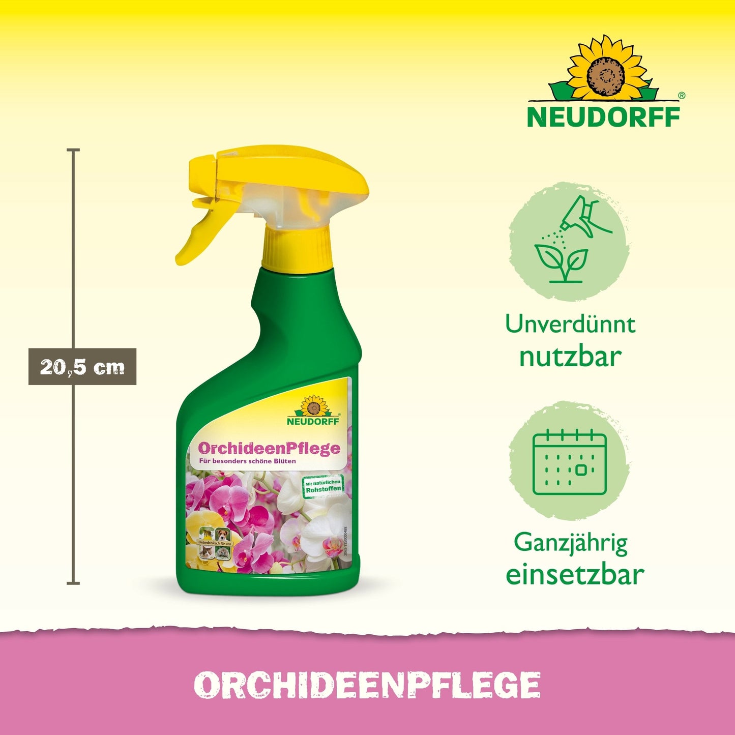 O OrchideenPflege da Neudorff Shop vem em um frasco de spray verde com tampa amarela e inscrição branca, ideal para aplicar auxiliares de plantas, para manter suas orquídeas saudáveis e vigorosas.