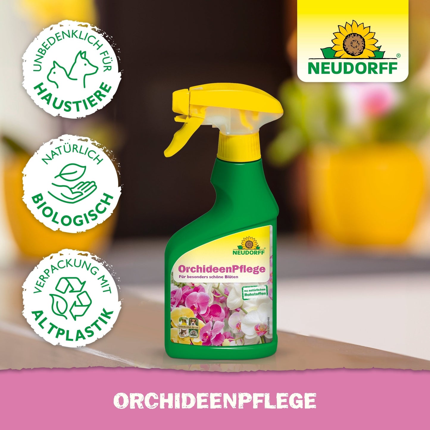 Um frasco de spray verde-amarelo do OrchideenPflege da Neudorff Shop está sobre uma superfície. No rótulo estão ilustradas orquídeas, com símbolos que indicam a segurança para animais de estimação, ingredientes biológicos e embalagem de plástico reciclado.