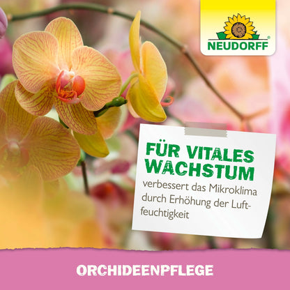 Várias orquídeas florescendo em amarelo-laranja são vistas de perto. Um cartaz em alemão promove o OrchideenPflege da Neudorff Shop e destaca o crescimento melhorado e a umidade aumentada. O logotipo da Neudorff aparece no canto superior direito.
