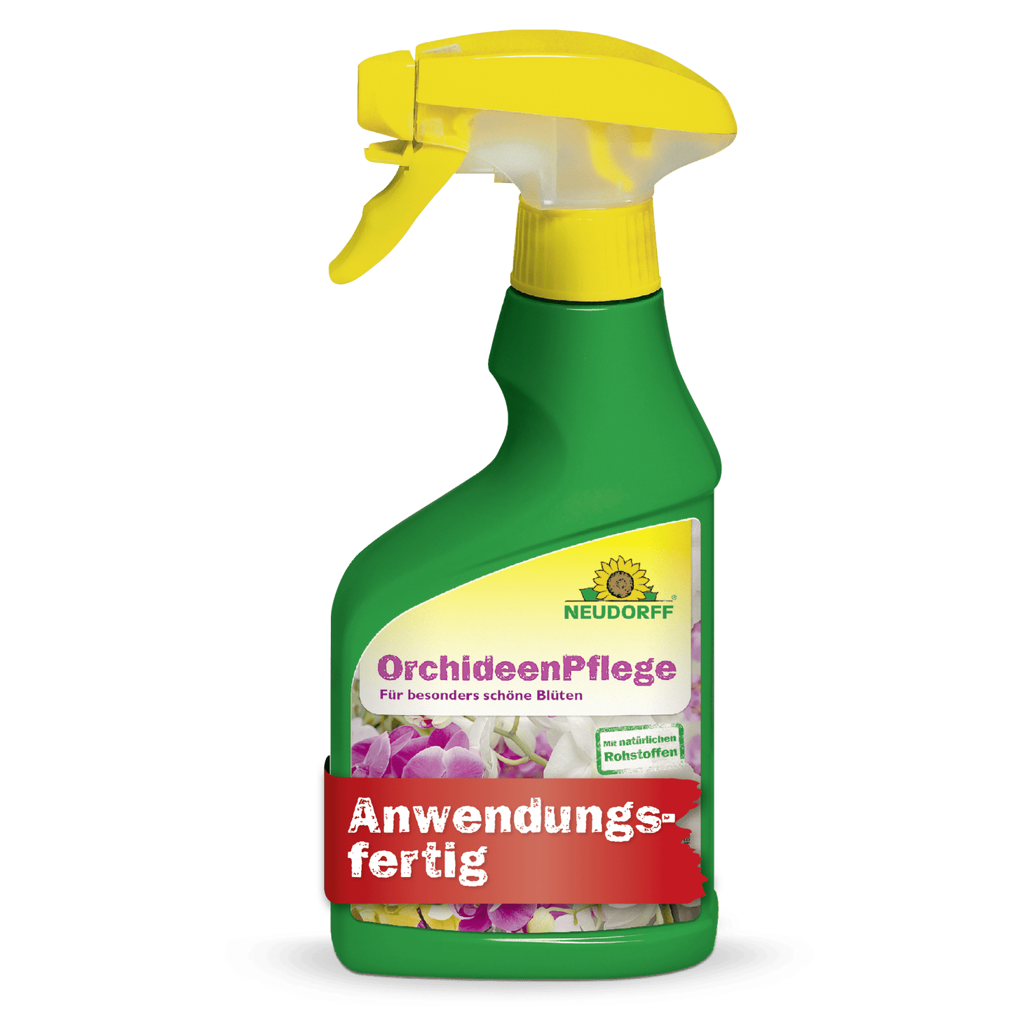 Em um frasco de spray verde com bico amarelo e a inscrição "OrchideenPflege" da Neudorff Shop, estão ilustradas orquídeas e um texto indica que se trata de um produto de cuidado de plantas pronto para uso para uma saúde ótima das orquídeas.