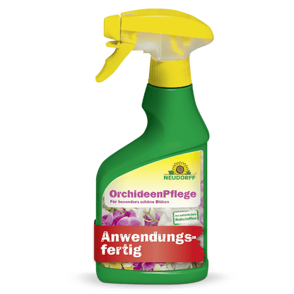 Em um frasco de spray verde com bico amarelo e a inscrição "OrchideenPflege" da Neudorff Shop, estão ilustradas orquídeas e um texto indica que se trata de um produto de cuidado de plantas pronto para uso para uma saúde ótima das orquídeas.
