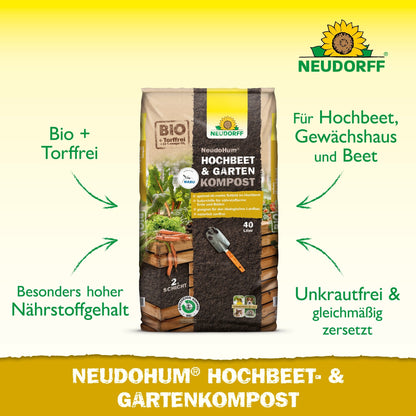 Um saco de 40 litros de Neudorff Shop NeudoHum Hochbeet- & GartenKompost é colocado no chão e mostra símbolos para substrato de planta biológico, sem turfa, alto teor de nutrientes, livre de ervas daninhas e adequado para canteiros elevados e jardins.