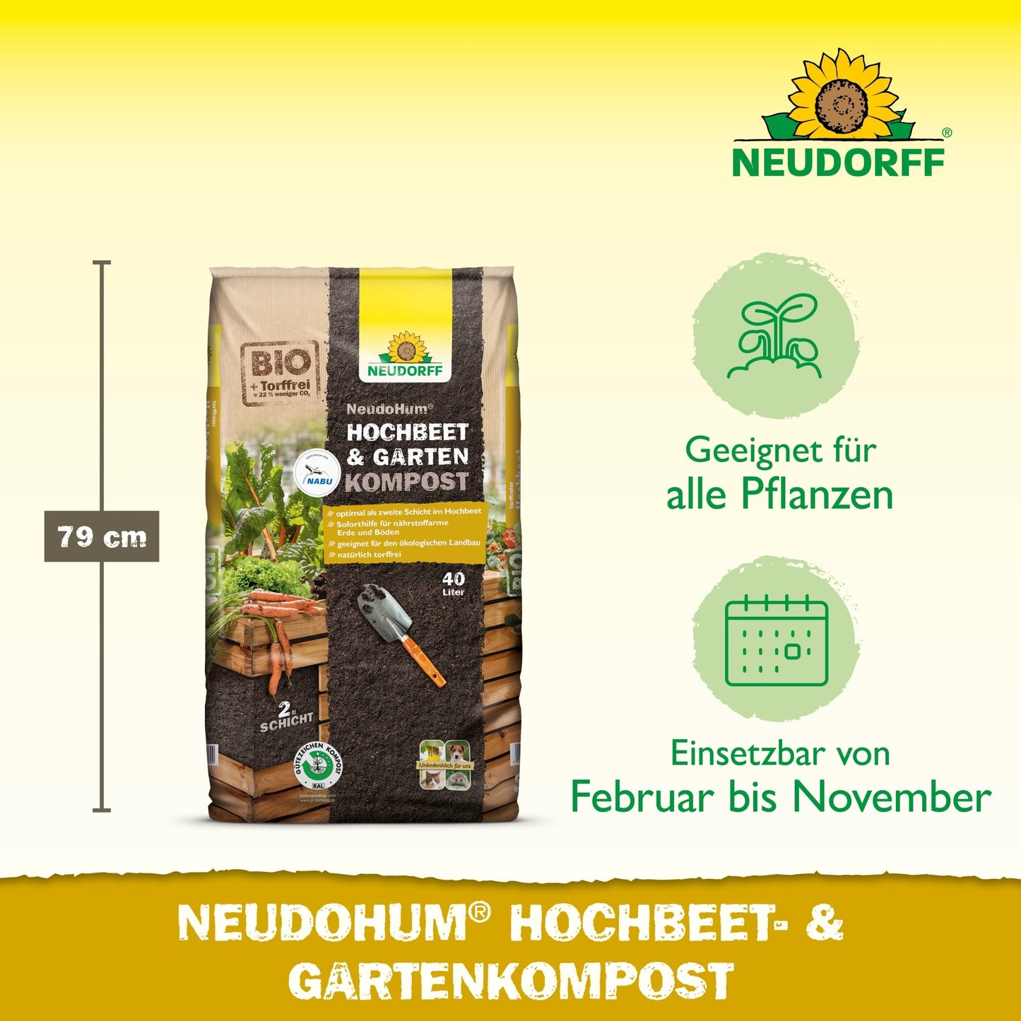 Na imagem, um saco de 40 litros de NeudoHum Hochbeet- & GartenKompost da Neudorff Shop (79 cm de altura). Sem turfa, biológico, ideal para todas as plantas como substrato de plantio e camada de solo em canteiros elevados, utilizável de fevereiro a novembro.