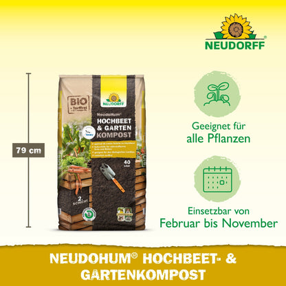 Na imagem, um saco de 40 litros de NeudoHum Hochbeet- & GartenKompost da Neudorff Shop (79 cm de altura). Sem turfa, biológico, ideal para todas as plantas como substrato de plantio e camada de solo em canteiros elevados, utilizável de fevereiro a novembro.