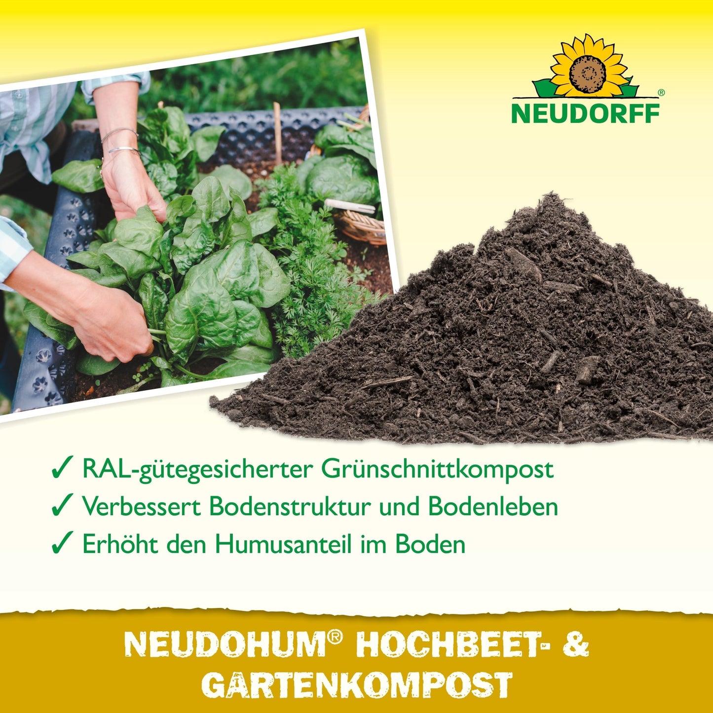 Uma mão com luva segura uma bandeja com verduras ao lado de composto escuro. O texto destaca o NeudoHum Hochbeet- & GartenKompost da Neudorff Shop, que melhora a estrutura do solo e o húmus - ideal para canteiros elevados. O logotipo da Neudorff aparece no topo.