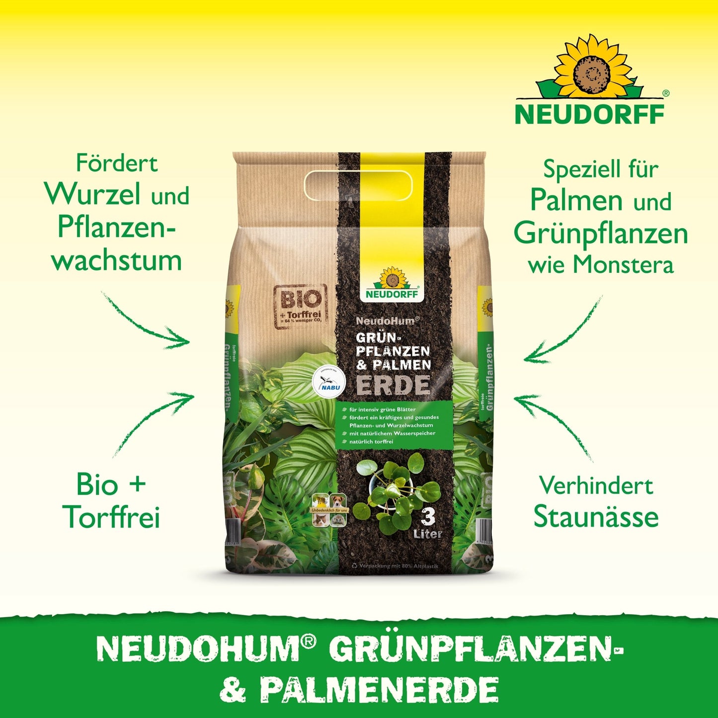 Um saco de NeudoHum Terra para Plantas Verdes & Palmeiras da loja Neudorff está em pé, com branding verde e amarelo. O texto destaca os benefícios para o crescimento de raízes e plantas, a retenção natural de água e a adequação para plantas de interior e palmeiras.