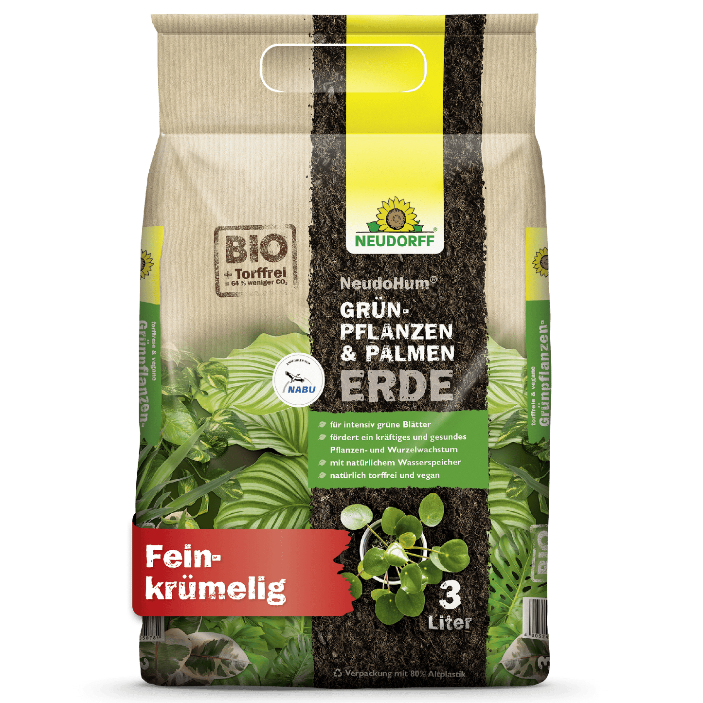 Um saco de 3 litros de NeudoHum Terra para Plantas Verdes & Palmeiras da loja Neudorff em embalagem verde-bege com imagens de plantas, informações do produto, uma etiqueta vermelha "Finamente granulado" e uma indicação do seu reservatório de água natural.
