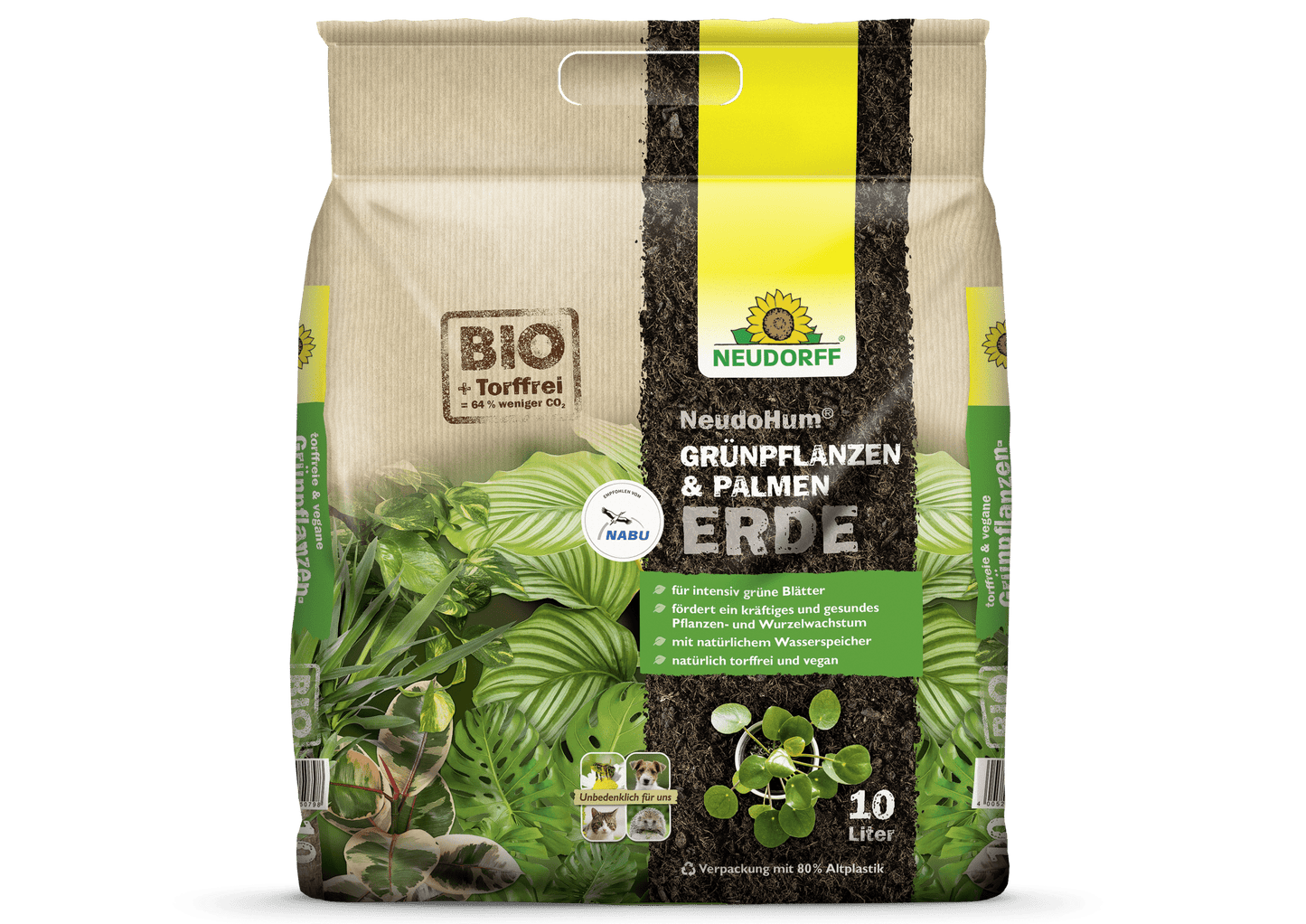 Um saco de 10 litros de NeudoHum Terra para Plantas Verdes & Palmeiras da loja Neudorff está equipado com etiquetas BIO/eco alemãs e um reservatório de água natural para plantas saudáveis. A embalagem apresenta folhas verdes, plantas e símbolos ecológicos.
