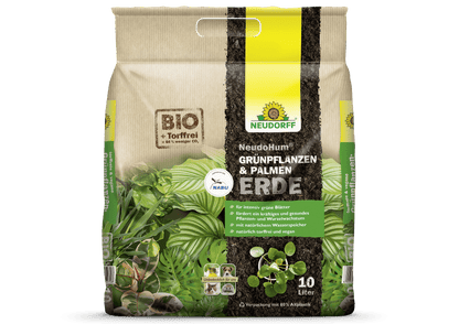 Um saco de 10 litros de NeudoHum Terra para Plantas Verdes & Palmeiras da loja Neudorff está equipado com etiquetas BIO/eco alemãs e um reservatório de água natural para plantas saudáveis. A embalagem apresenta folhas verdes, plantas e símbolos ecológicos.