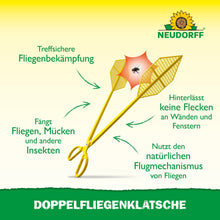 Duas Doppelfliegenklatschen amarelas do Neudorff Shop cruzam-se em um X e acertam uma mosca no meio. O texto alemão explica como apanhar moscas e remover insetos sem manchas. Acima está o logotipo da Neudorff.