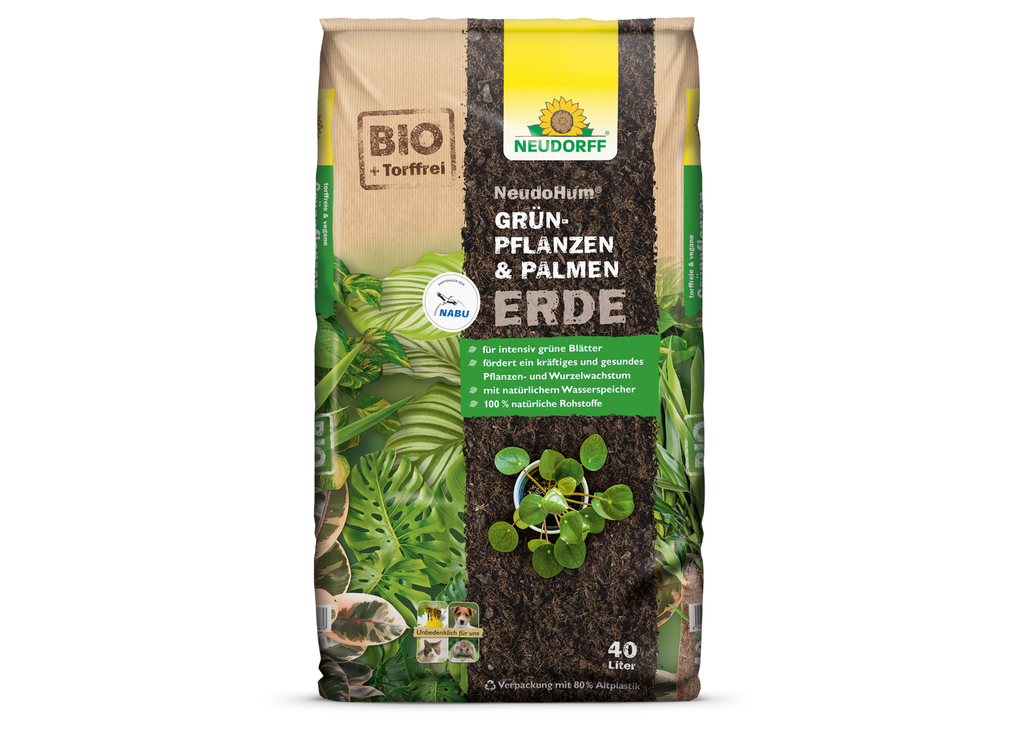 A NeudoHum Terra para Plantas Verdes & Palmeiras de 40L da loja Neudorff é um substrato sem turfa para plantas de interior e palmeiras com reservatório de água natural. A embalagem verde-castanha é adornada com acentos branco-amarelos e imagens de folhagens verdes.