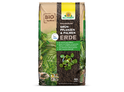 A NeudoHum Terra para Plantas Verdes & Palmeiras de 40L da loja Neudorff é um substrato sem turfa para plantas de interior e palmeiras com reservatório de água natural. A embalagem verde-castanha é adornada com acentos branco-amarelos e imagens de folhagens verdes.