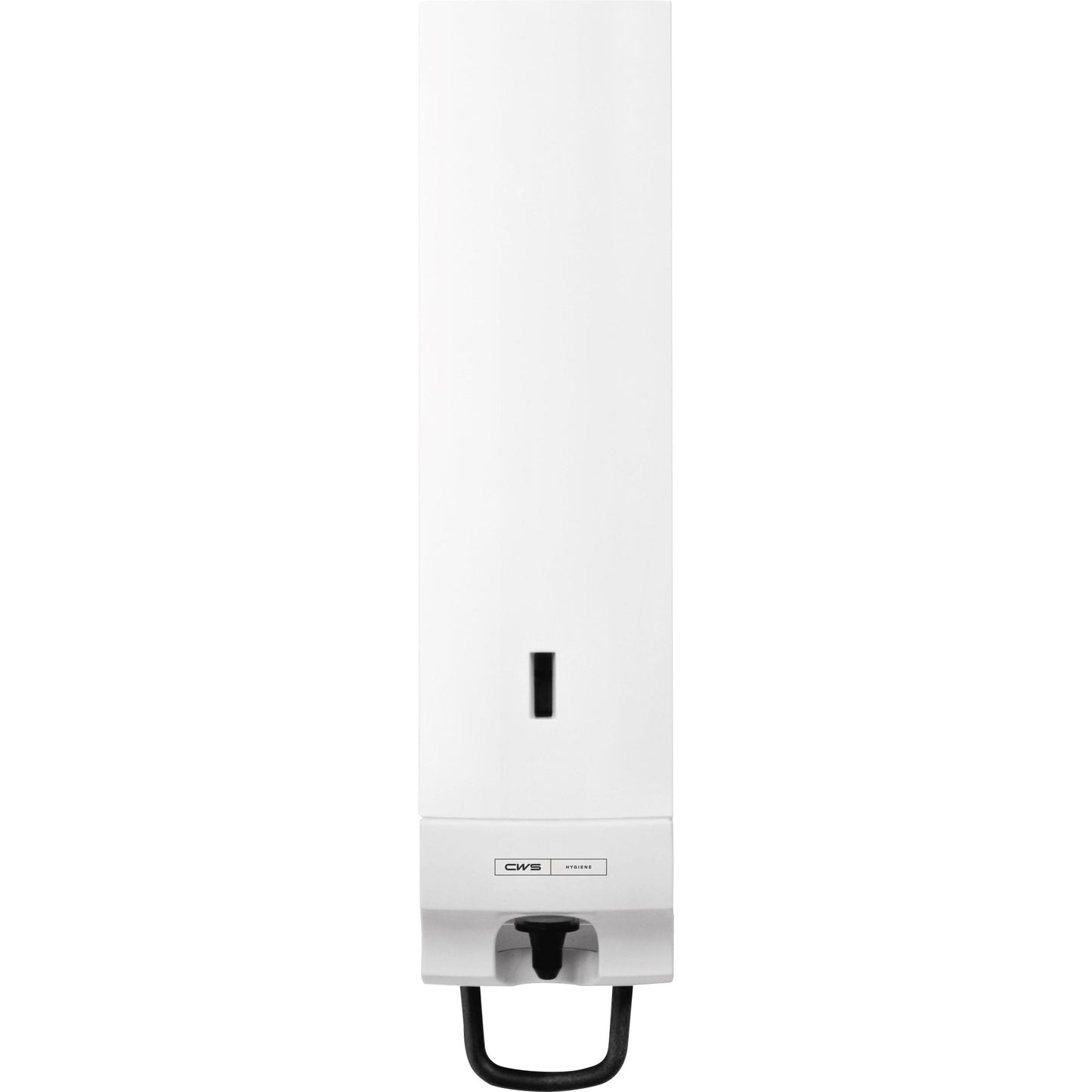 O dispensador de espuma de sabão CWS ParadiseLine Foam Slim, incluindo painel em branco, é um dispensador montado na parede com janela de visualização e alça preta. Perfeito para lavagem de mãos higiénica, com logotipo da marca "CWS" na frente.
