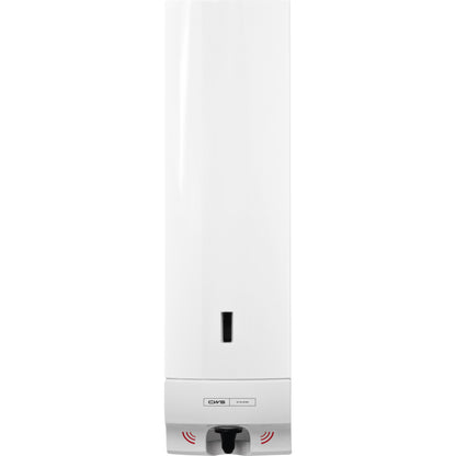 O dispensador de espuma de sabão CWS ParadiseLine Foam Slim Non-Touch em branco é um dispensador de parede com janela de nível de sabão visível, sensor preto para higiene sem toque e o logotipo de higiene CWS acima do bico.