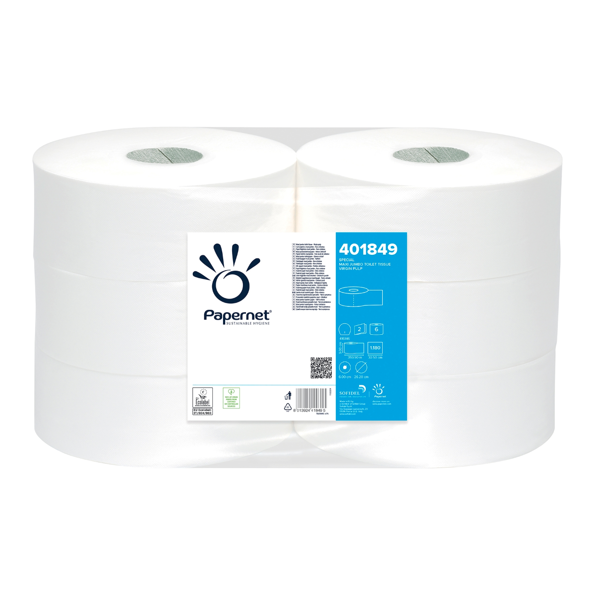 Papernet Maxi, polpa 2 lg, 360m, Ø rolo 26,20cm, 1180 folhas. ESPECIAL Branco ECO | Caixa (1 pacote)