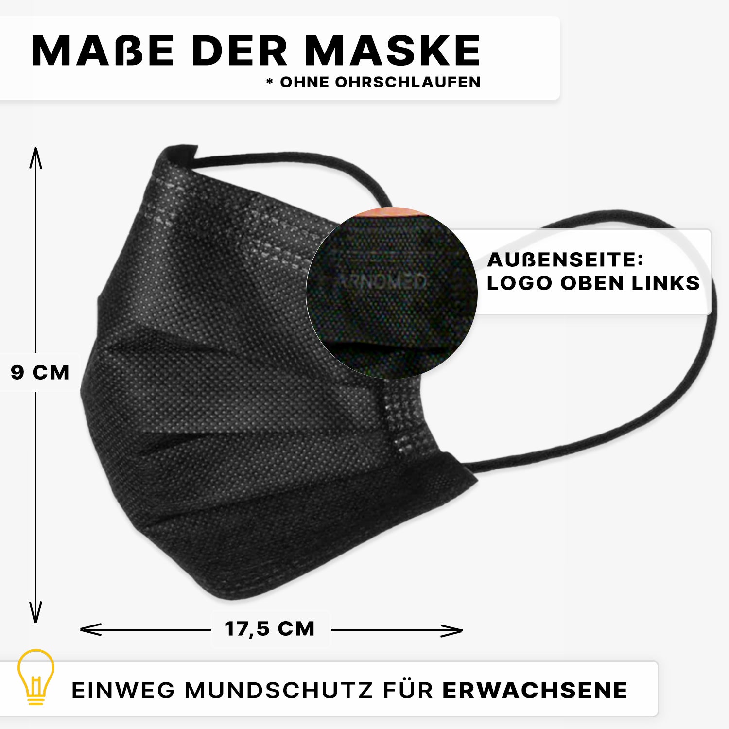 Abgebildet ist ein schwarzer ARNOMED MUNDSCHUTZ TYP IIR OP-Mundschutz mit Gummibändern der ARNOWA GmbH für Erwachsene, 9 x 17,5 cm ohne Ohrschlaufen. Ein Detail hebt das Logo oben links hervor und deutsche Etiketten listen die Abmessungen und Eigenschaften auf.