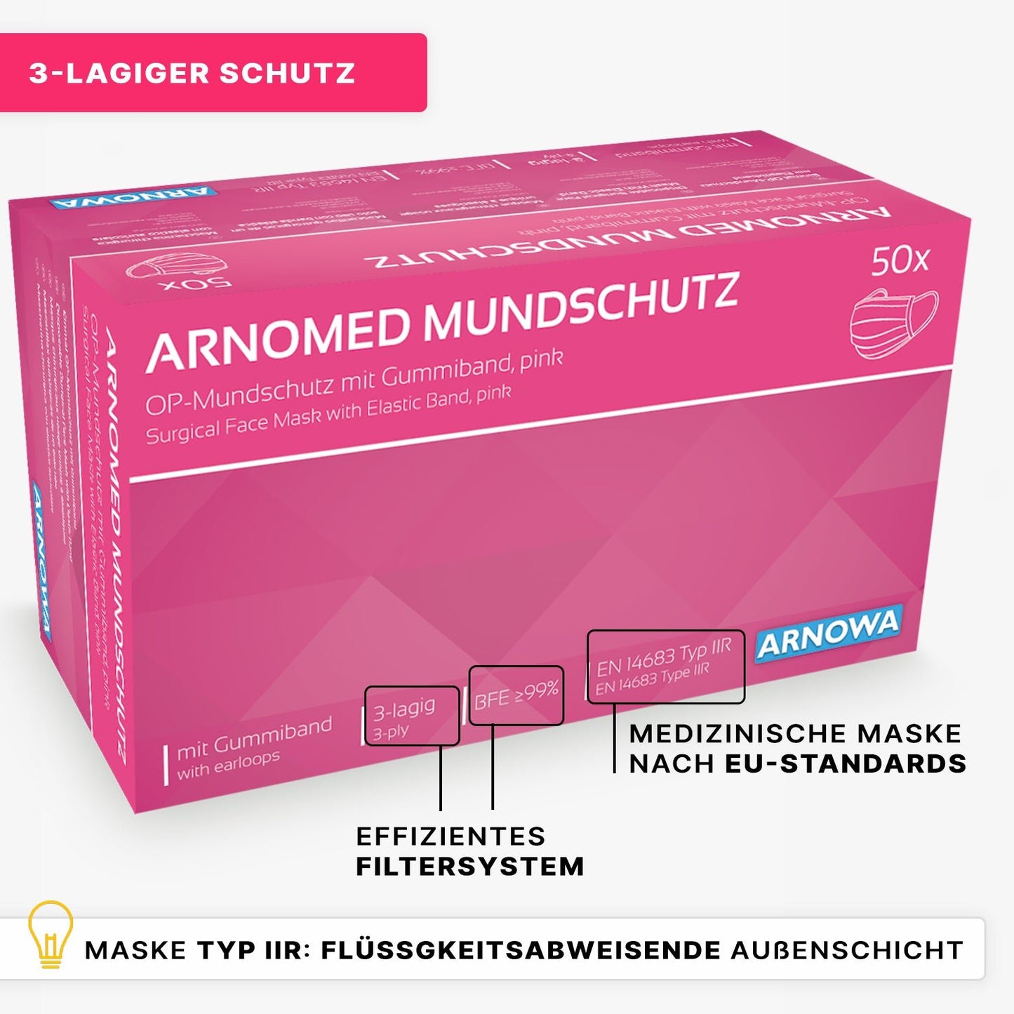 Eine rosafarbene Schachtel der ARNOWA GmbH mit der Aufschrift "ARNOMED Mundschutz Typ IIR" enthält 50 OP-Mundschutz mit Gummibändern, die einen 3-lagigen Schutz und eine effiziente Filtration bieten und den EU-Normen entsprechen.