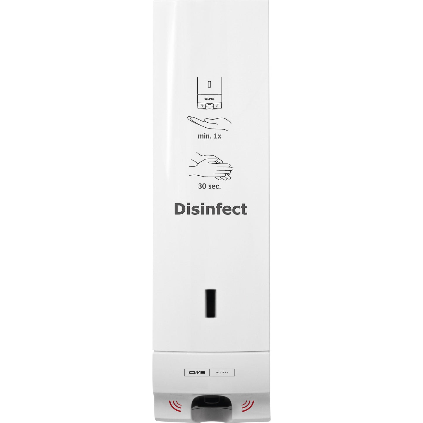 O dispensador de desinfetante CWS ParadiseLine Disinfect Non touch, com painel branco, é um dispensador de desinfetante sem toque, montado na parede, da CWS com autocolante "Disinfect" e instruções ilustradas para uma bomba e 30 segundos de desinfecção das mãos.