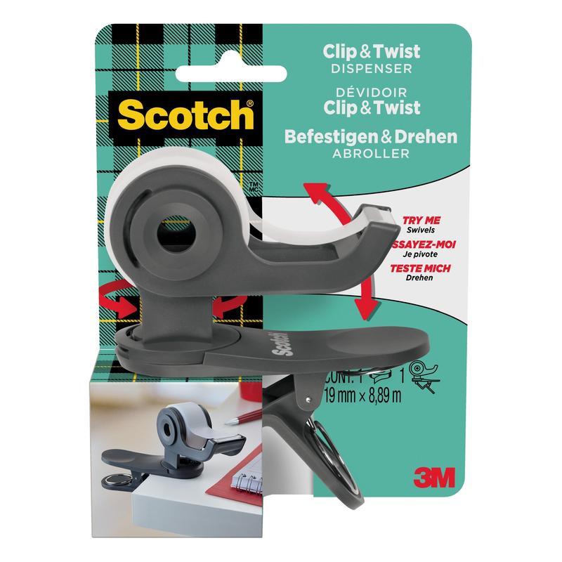 O dispensador de fita adesiva Scotch™ Clip & Twist C19 da 3M Deutschland GmbH é mostrado em uma embalagem com um rolo de fita adesiva invisível Scotch® Magic™ (19 mm × 8,89 m), preso à borda de uma mesa. A marca e as instruções de uso são visíveis.