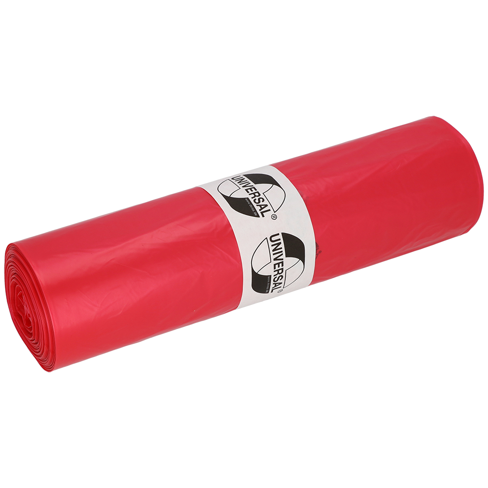 Abgebildet ist eine Rolle EMIL DEISS KG (GmbH + Co.) DEISS 41001 rote Müllsäcke, 700x1100x0,023 mm (50 Säcke/Rolle), mit einem um die Mitte gewickelten weißen "UNIVERSAL"-Etikett, auf einem unifarbenen, hellen Hintergrund.