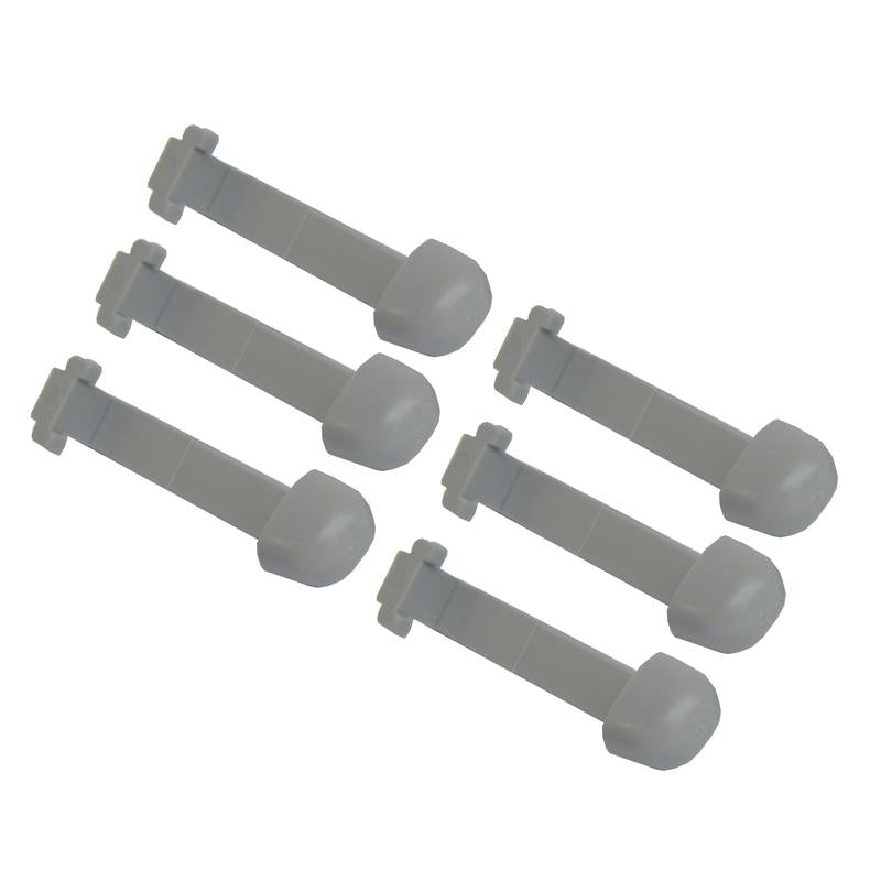 Seis tampas de borracha cinzentas idênticas Protect Trolley da Diversey Deutschland GmbH & Co. OHG estão dispostas em filas paralelas sobre um fundo branco - cada uma retangular com extremidade arredondada e aba, concebida como amortecedor para trolleys (embalagem de 1 peça).