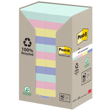 Eine Schachtel Post-it® Recycling Notes der 3M Deutschland GmbH, 38 x 51 mm, 100 Blatt pro Block, hergestellt aus 100% PEFC-zertifiziertem Material. Die Verpackung zeigt pastellfarbene Zettel und Recycling-Symbole.