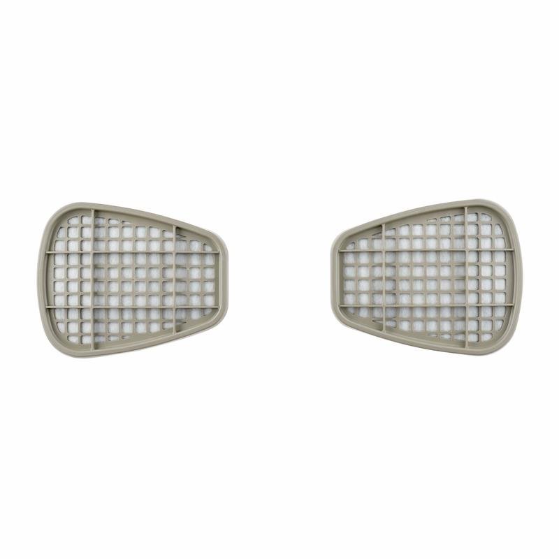 Dois cartuchos de filtro 3M™ 6055, A2 para vapores orgânicos da 3M Deutschland GmbH são mostrados lado a lado em fundo branco. São coberturas de plástico em forma de grade bege com uma leve forma de trapézio.