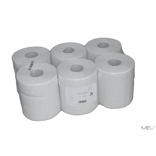 Sechs Handtuchrollen Midi, 2-lagig, weiß (je 20 cm x 140 m) von Abena Re-Seller GmbH sind in klarem Kunststoff mit einem weißen Etikett verpackt. Die Verpackung enthält 6 Rollen und erscheint vor einem schlichten weißen Hintergrund.