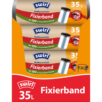 Drei Rollen Swirl Fixierband-Müllbeutel 35 l Reißfest & Dicht von der Melitta Europa GmbH & Co. KG mit je 10 Beuteln in orange-roter Verpackung, hergestellt aus recyceltem Plastik und mit elastischem Fixierband für sicheren Verschluss.