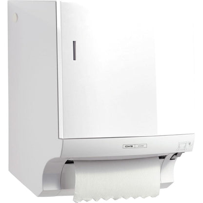 O dispensador de toalhas de papel em rolo CWS ParadiseLine Paperroll, incluindo painel em branco da CWS, oferece uma solução higiénica para a secagem das mãos através de um design moderno, montagem na parede e visor.