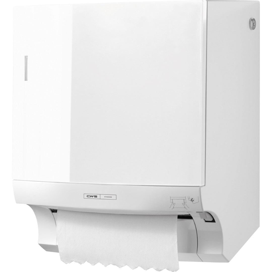 O dispensador de toalhas de papel em rolo CWS ParadiseLine Paperroll, incluindo painel branco, é um dispensador branco montado na parede com design moderno, visor e distribuição de folhas de papel na parte inferior para uma secagem higiénica das mãos.