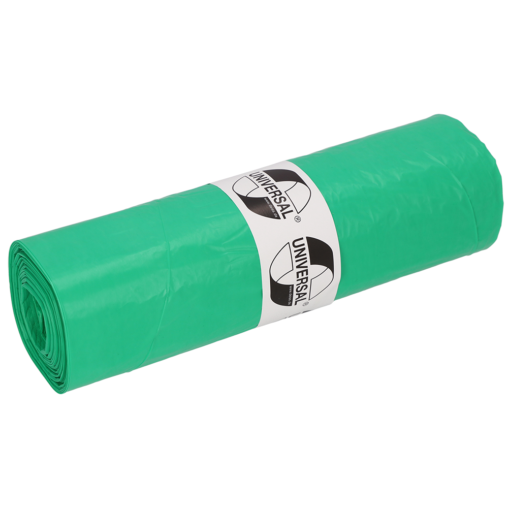 Eine Packung mit 50 grünen EMIL DEISS KG Müllsäcken (DEISS 42702, 575x1000x0,018 mm) mit einem "UNIVERSAL"-Etikett - ideal für einen vielseitigen Einsatz und zuverlässige Leistung.