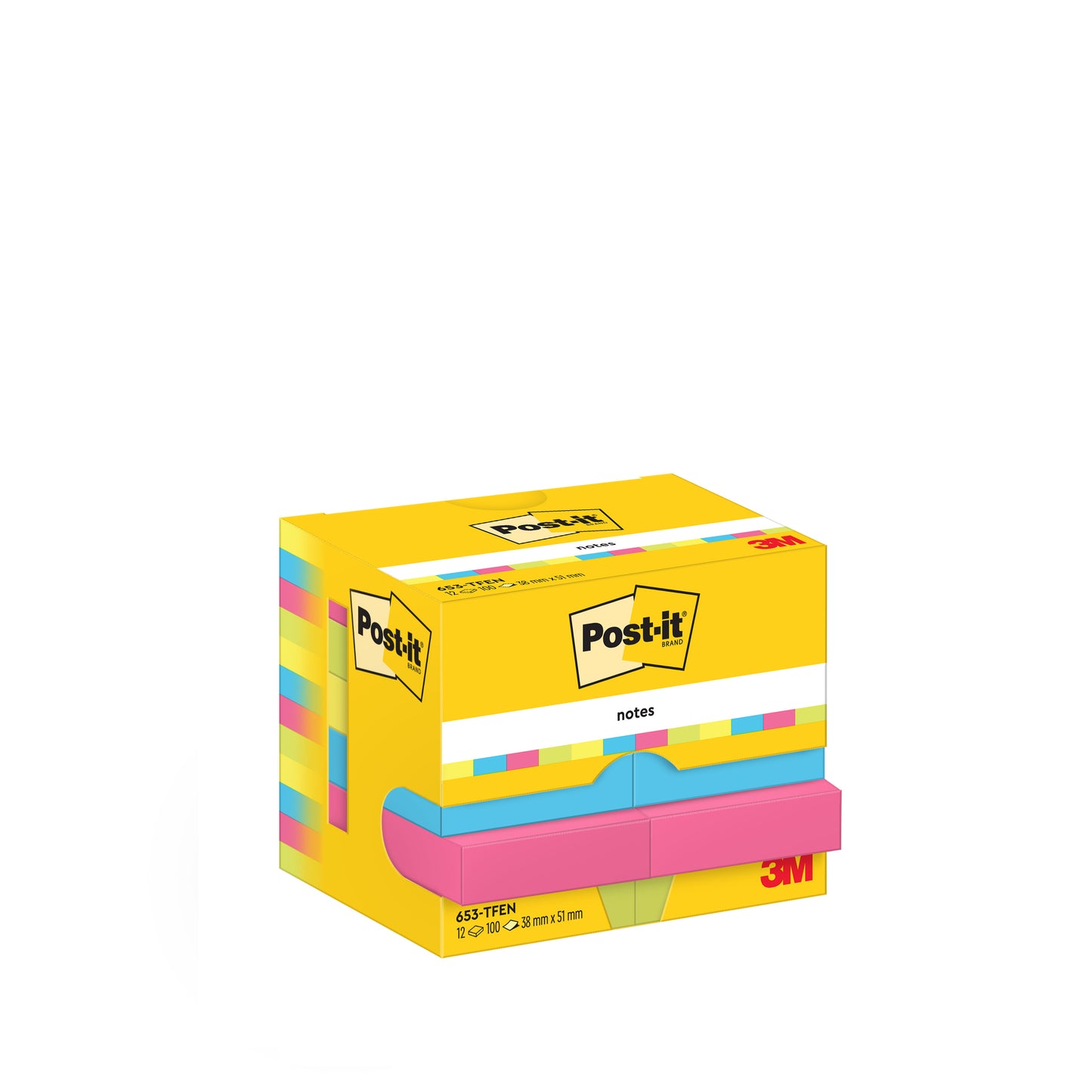 Um pacote de 12 notas adesivas Post-it® (38 x 51 mm, Coleção Energética) da 3M Deutschland GmbH com 100 folhas por bloco, em uma caixa ecológica amarela (100% PEFC), perfeito para a organização de escritório - colorido e claramente marcado.