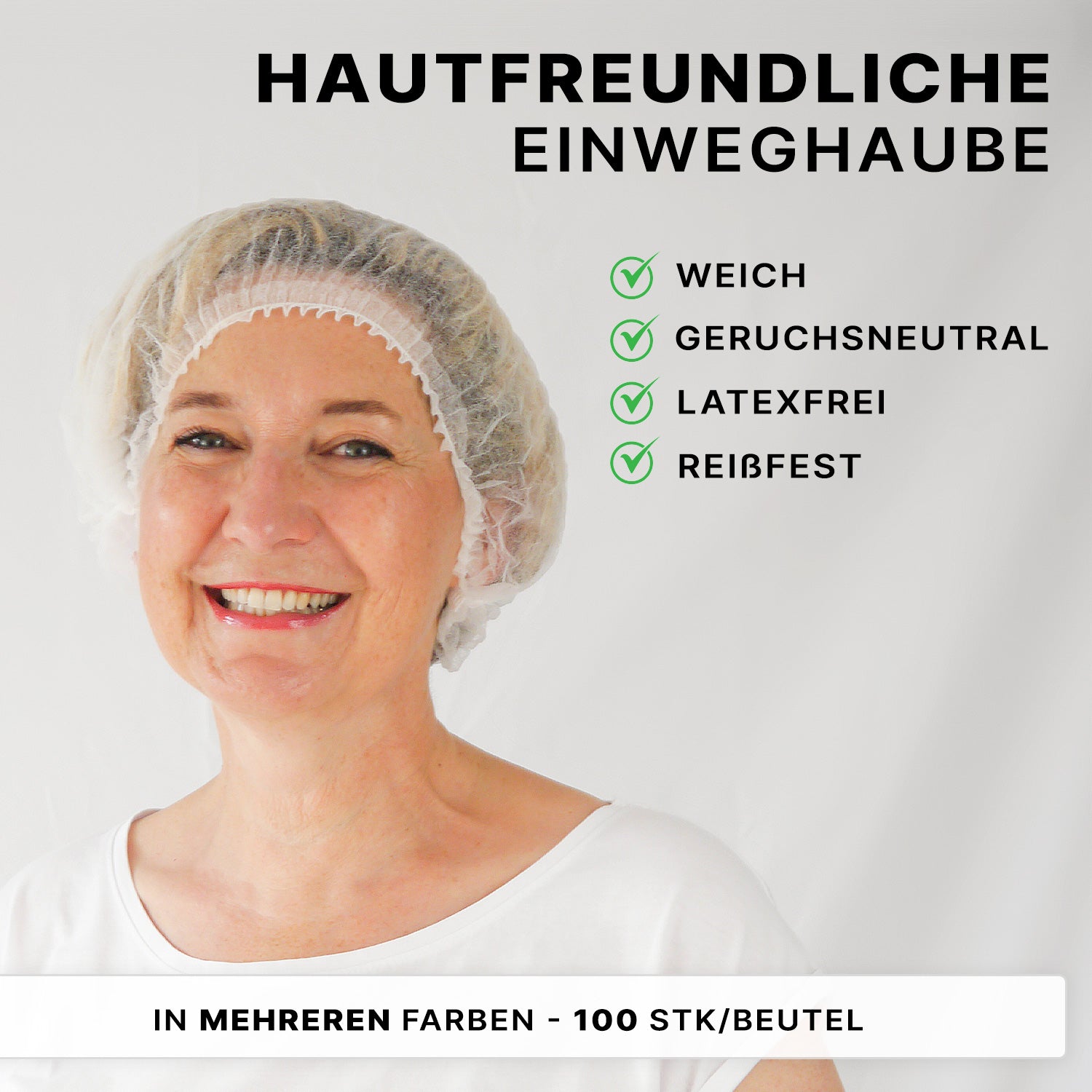 Eine lächelnde Frau trägt die ARNOMED COVER PP-KLIPPHAUBE (52cm, ARNOWA GmbH). Der deutsche Text hebt hervor: weiches, geruchloses, latexfreies, reißfestes PP-Material. Anmerkungen: Hygiene Schutz, mehrere Farben und 100 Kappen pro Beutel.