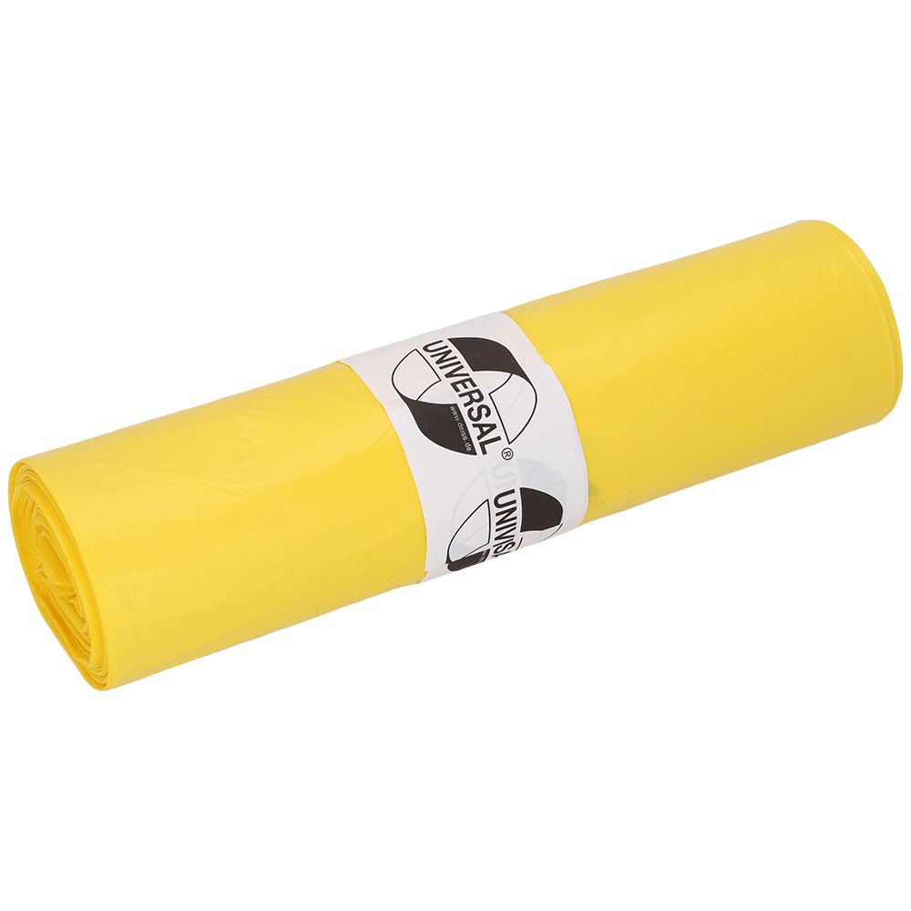Um rolo de sacos de lixo DEISS 575x1000x0,018 mm de HDPE 50 l da EMIL DEISS KG (GmbH + Co.), sacos amarelos com etiqueta branca e logotipo "Universal" preto sobre fundo branco.