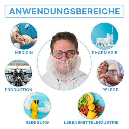Im Mittelpunkt steht ein Mann, der ARNOMED PP-Bartschutz Weiß, Einweg (ARNOWA GmbH) trägt, umgeben von sechs Kreisen, die die Verwendungszwecke - Medizin, Apotheke, Pflege, Lebensmittelindustrie, Reinigung & Produktion - mit Bildern und Etiketten für PP-Bartschutz Hygiene zeigen.