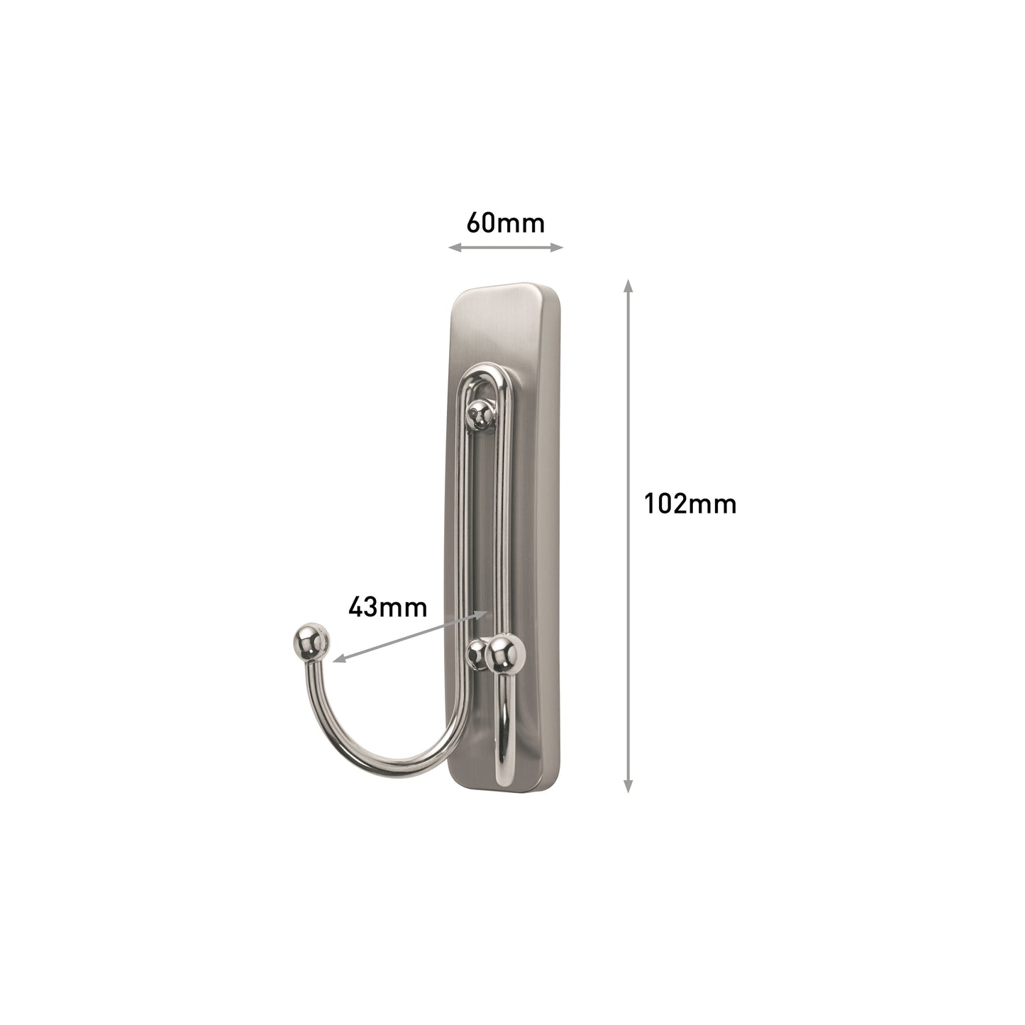 Der Command™ Großer Badezimmer-Doppelhaken Nickel satiniert von 3M Deutschland GmbH mit rechteckiger Basis (102mm x 60mm) und 43mm Ausladung wird auf weißem Hintergrund gezeigt; Pfeile und Maße kennzeichnen die Abmessungen.