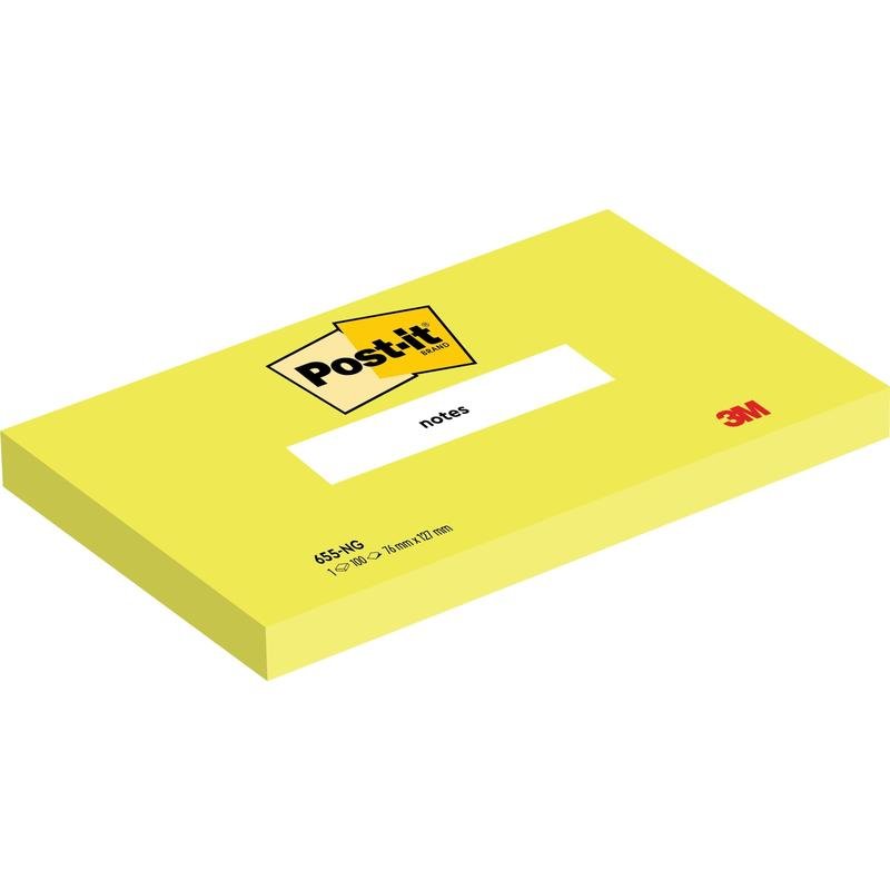 A imagem mostra um bloco de notas Post-it® amarelo retangular (76 mm x 127 mm, 100 folhas/bloco, 100% PEFC) da 3M Deutschland GmbH com o logotipo Post-it na parte superior, "notes" no meio e o logotipo 3M no canto inferior direito.