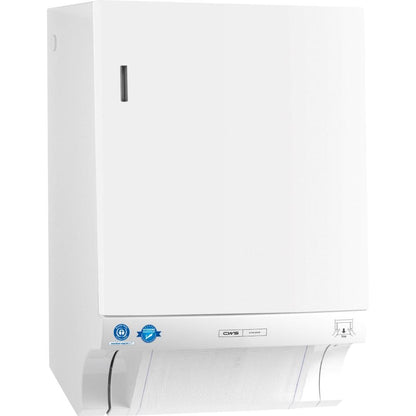 O dispensador de toalhas de tecido CWS ParadiseLine Dry Slim, um dispensador de parede branco e elegante, possui uma toalha exposta na parte inferior, bem como símbolos de indicação e certificações na frente.