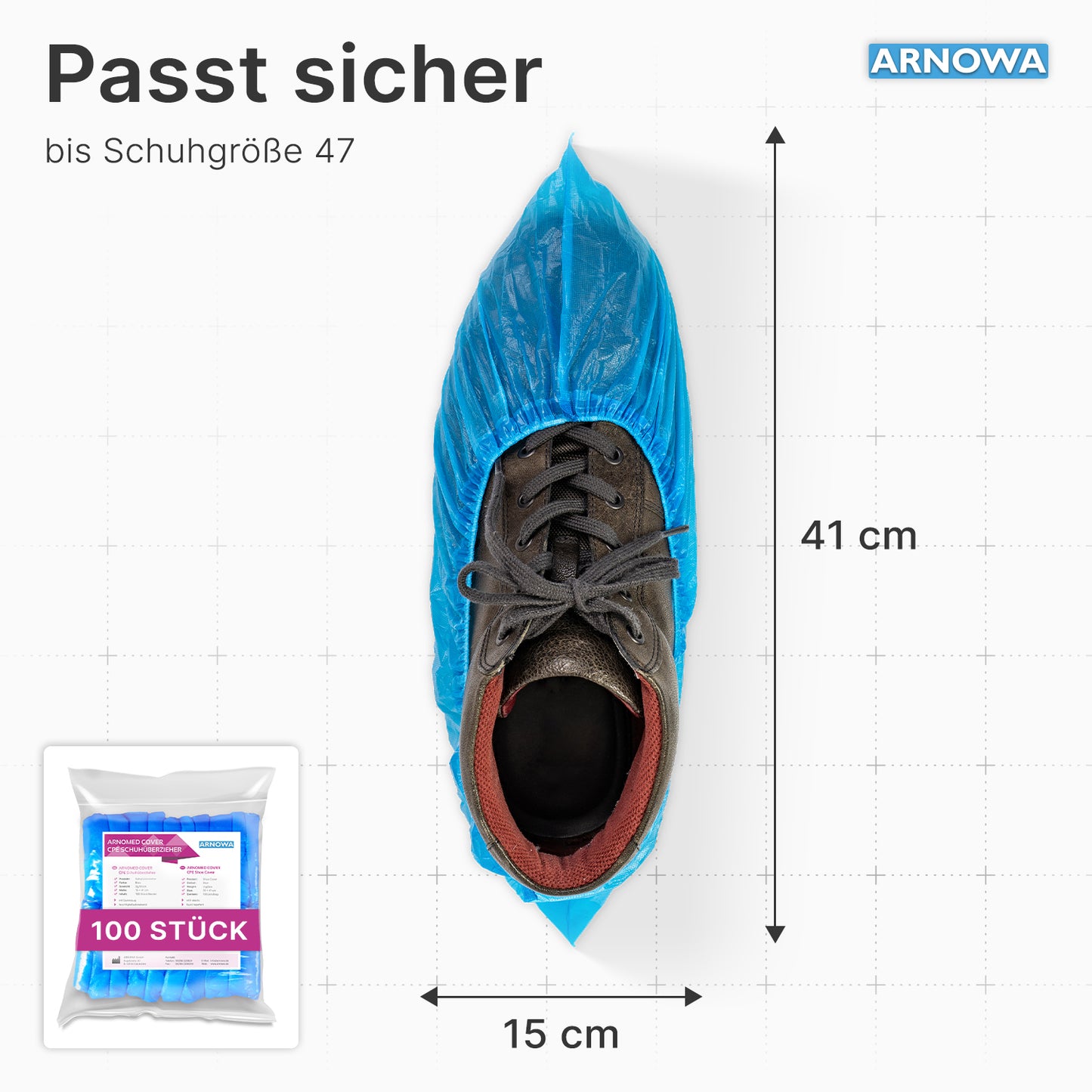 Abgebildet ist ein schwarzer Schuh mit einem blauen ARNOMED CPE Schuhüberzieher der ARNOWA GmbH (41 cm x 15 cm, passend bis Größe 47). Die Verpackung ist mit "100 Stück" beschriftet und weist auf die wasserdichten Einwegüberschuhe hin.