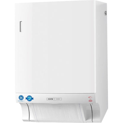 O distribuidor de toalhas de tecido CWS ParadiseLine Dry Slim Non-Touch (branco, 1 unidade) é um distribuidor de parede para a distribuição higiénica de toalhas, com uma placa de fixação visível e um autocolante de certificação na parte inferior esquerda do painel frontal.