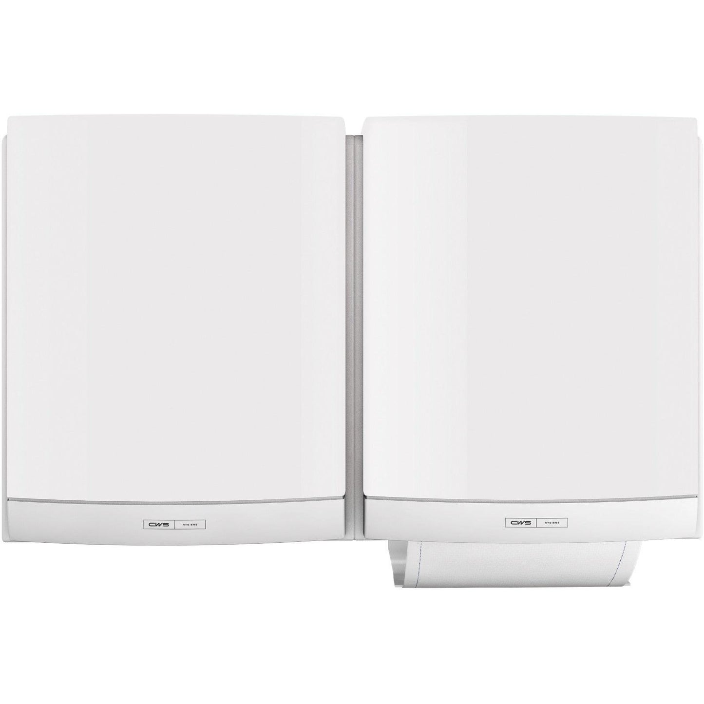 Dois dispensadores de toalhas de tecido CWS ParadiseLine DUO brancos, incluindo painel, estão montados lado a lado. O dispensador direito mostra uma toalha parcialmente dispensada e oferece uma solução higiénica com pequenas etiquetas próximas ao chão. Marca: CWS.