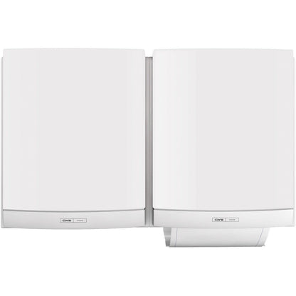 Dois dispensadores de toalhas de tecido CWS ParadiseLine DUO brancos, incluindo painel, estão montados lado a lado. O dispensador direito mostra uma toalha parcialmente dispensada e oferece uma solução higiénica com pequenas etiquetas próximas ao chão. Marca: CWS.