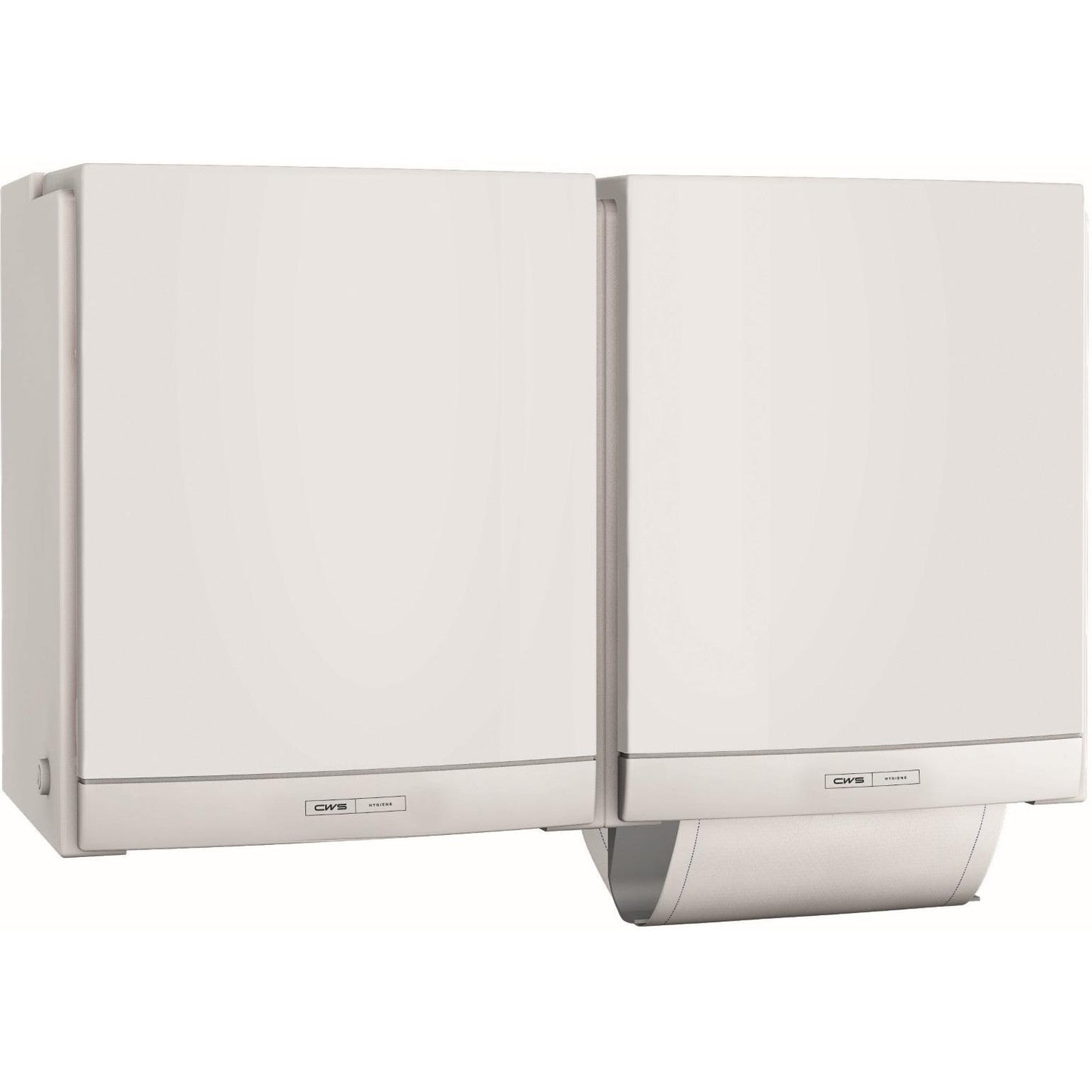 Dois dispensadores de toalhas de tecido CWS ParadiseLine DUO brancos, montados lado a lado na parede e etiquetados, oferecem uma opção ecológica para uma solução higiénica na casa de banho.