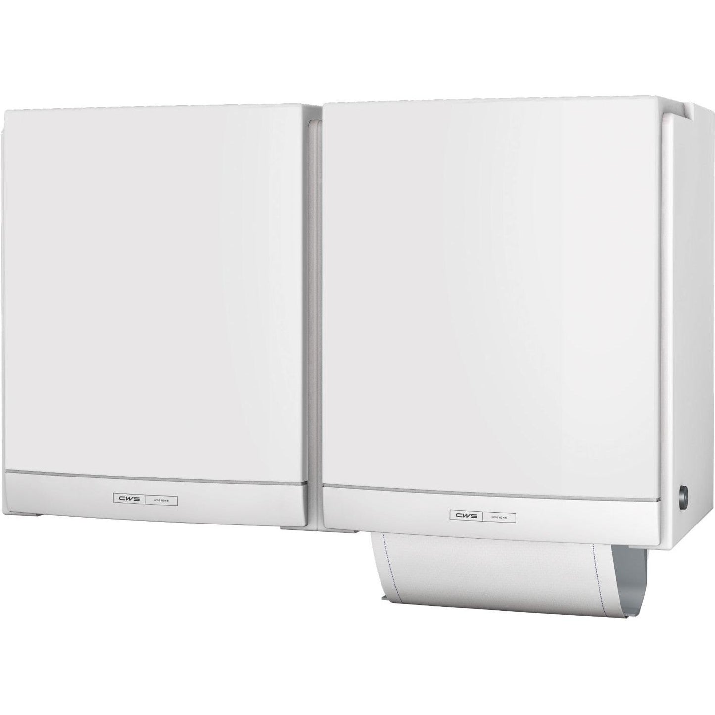 Dois dispensadores de toalhas de tecido CWS ParadiseLine DUO brancos com painel branco estão montados lado a lado e fornecem uma solução ecológica e higiénica para casas de banho. Uma toalha é visível na unidade ecológica.