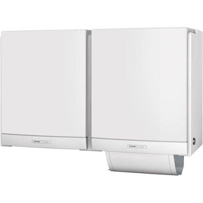 Dois dispensadores de toalhas de tecido CWS ParadiseLine DUO brancos com painel branco estão montados lado a lado e fornecem uma solução ecológica e higiénica para casas de banho. Uma toalha é visível na unidade ecológica.